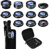 SEVENKA Kit obiettivo cellulare 11 in 1 per iPhone e Android, grandangolo 0.63X, macro 15X, fisheye 198, teleobiettivo, CPL, Flow, radiale, stella, filtro morbido, lente caleidoscopia, nero con