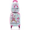 RELAX4LIFE Set Valigia Bambini 2 in 1 Gufo Verde Menta Fucsia (Trolley16 + Zaino 12) con Ruote 360°, Maniglia Regolabile, Zaino con Piedini | ABS Resistente | Ideale per Viaggi e Scuola