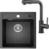 ANYCEE 40x46 cm Lavello Granito con Rubinetto Cucina Estensibile, Lavandino Cucina 1 Vasca in Quarzo, Lavello Nero per Mobile da 40cm con Sifone e Scarico