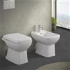 Inbagno Coppia wc e bidet con brida e scarico a pavimento, in ceramica bianco lucido con copriwater originale, serie GINEVRA