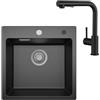 Sofetiy Lavello da cucina in granito nero, 45 x 45 cm, con rubinetto da cucina, allungabile, nero, con sifone, lavello in granito, rettangolare, con 2 fori per rubinetto, 1 bacino