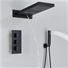 Yalsfowe Sistema doccia a pioggia nero opaco, set rubinetteria termostatica per doccia, soffione rettangolare a cascata con soffione a pioggia con doccetta, set miscelatore doccia a parete