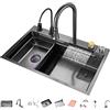 OMGMTSTORE Lavello Cucina 75x45 cm con Effetto Cascat,Lavello Moderno e Multifunzionale Workstation,Lavello in Acciaio Inox 1 Vasca con Rubinetto,Tagliere,Bacino di Scolatura,Dispenser Sapone e Lavabicchieri