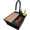 PRIMAGRAN Lavandino da Cucina Nero 43x53cm, Lavello in Granito a 1 vasca + Rubinetto 40x20cm + Set di accessori, Lavabo da Cucina Incasso al Mobile 45cm - Oslo Pocket S105