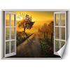 Feeby Carta Da Parati Vista Dalla Finestra Illusione 3D 140x100 cm arancione Murale Soggiorno Camera Da Letto Sala Ufficio Cucina Camera Dei Bambini Strada Di Campagna Albero Sole