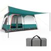 HOMASIS Tenda Campeggio con Portico e 2 Camere, Tenda Familiare da Esterno con 2 Finestre e 2 Porte, Gancio per Appendere la Lampada, Tasca Portaoggetti, Borsa da Trasporto, Grigio e Verde