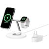 Belkin BoostCharge Caricatore 3 in 1 con Qi2, base di ricarica wireless compatibile con MagSafe, caricatore iPhone 17, Air, Pixelsnap, Apple Watch e AirPods, alimentatore incluso - Bianco