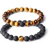 Generico Set Coppia Due Bracciali Della Distanza, per Lui e per Lei, Pietra Lavica e Occhio di Tigre, Pietre Dure Naturali, Elastici, Fatti a Mano