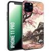 CUSTOMIZZA - Custodia cover nera morbida in tpu compatibile per iPhone 11 PRO casa giapponese rosa ciliegio in fiore disegnata tattoo