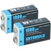 EXTENSILO 2x batteria da 9V per diversi dispositivi (1Ah, 9V, Li-Ion), ready-to-use, con Micro USB