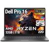 Dell Pro 16 FHD 16 Display Business Laptop, AMD Ryzen 5 220, 32GB DDR5 RAM, 1TB SSD PCIe, Tastiera retroilluminata, WiFi 6E + BT, RJ-45, HDMI, AI PC, HD Webcam, Windows 11 Pro - Magnetite Nero
