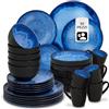tectake® Set stoviglie 30 pezzi terracotta, servizio piatti 6 persone, set piatti moderni grandi, piccoli, fondi, ciotole, tazze, gres smaltato, design moderno, lavastoviglie microonde - Blu