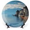 NWTRJ Lago di Ginevra Svizzera Piatti decorativi in ceramica da 17,8 cm, piatti decorativi in porcellana Bone China con espositore, ornamento in ceramica fatto a mano, per casa, cucina, camera da