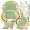 Whaline Flower Bride Shower Party Supplies serve 24 stoviglie di carta usa e getta floreale verde salvia rosa, 24 piatti da 22,9 cm, 24 piattini da 17,8 cm, 24 tazze da 255,1 g, 48 tovaglioli