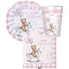 irpot kit n 2 battesimo teddy bear rosa bambina decorazioni piatti carta piatti dessert bicchieri tovaglioli crosa party festa battezzo bimba pastello scacchi