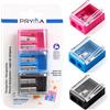 Pryma Temperamatite Doppio Foro - Set di 3 Pezzi Colorati con Lame in Metallo e Serbatoio, Ideale per Matite e Pastelli