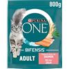 PURINA One Bifensis - Cibo per gatti adulti, crocchette al salmone e cereali integrali, 800 g, confezione da 8