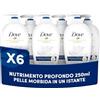 Dove, Sapone Liquido Mani Nutrimento Profondo, Sapone Detergente Mani Idratante, Rimuove con Efficacia Sporco e Batteri, con +5 Agenti Idratanti, Formula 99% Biodegradabile, 6 pezzi da 250ml
