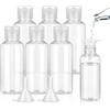 BillyBath Bottiglie da viaggio 100 ml, 6 flaconi liquidi da riempire con 2 piccoli imbuti, Contenitori di plastica trasparente, bottiglie per cosmetici, gel doccia, shampoo lozione
