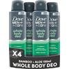 Dove Men+Care Whole Body Deo Deodorante Spray Uomo per Tutto il Corpo Bamboo + Aloe 150 ml, Deodorante Corpo Multi-Zona con 0% Sali di Alluminio, Protezione Anti-Odore fino a 72 Ore (Confezione da 4)
