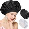 Vonsera Cuffia Seta Capelli Notte Set di 2 Cuffia Capelli Seta, Cuffia Doccia Donna, Cuffia Notturna per Capelli Ricci e Lisci, Anti-crespo Accessori per Capelli, (Nero + Argento + 2 Elastici per Capelli)