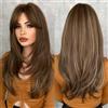 7JHH WIGS Parrucca da donna con frangia, biondo miele, lunga a gradini, in fibra sintetica resistente al calore, per uso quotidiano