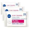NIVEA Salviette struccanti morbide (1 x 25 pezzi) salviette struccante per pelle secca e sensibile, salviettine umidificate per viso, occhi, labbra e collo (Confezione da 3)