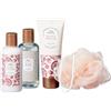 WELL HOME MOBILIARIO & DECORACIÓN Set da bagno da 5 pezzi, gel da bagno 100 ml, lozione per il corpo, 100 ml, crema per le mani, 70 ml, pouf da 15 g e sacchetto cosmetico con motivo floreale