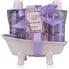Accentra - Set doccia da donna LaVENDEL in bella vasca da bagno in ceramica - Set di 3 pezzi con gel doccia, bagnoschiuma e sali da bagno - Set regalo per compleanno, San Valentino e Natale