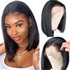 Qangelabeauty, Parrucca corta a caschetto da 36 cm, 13x4, pizzo frontale trasparente, in capelli umani vergini brasiliani, pre-sfoltita, per donne afrodiscendenti, colore nero naturale