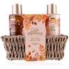 Accentra COSY MOMENTS - Set da bagno da donna, 3 pezzi, con gel doccia, lozione per il corpo e spugna a rete, fragranza albicocca, set regalo per compleanno, festa della mamma e Natale