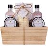 Accentra - Set doccia da donna LaVENDEL in cestino di legno - Set di 6 pezzi con gel doccia, bagnoschiuma, sali da bagno, lozione per il corpo, ecc. - Set regalo per compleanno, San Valentino e Natale