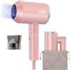 DEWILY - Mini asciugacapelli pieghevole agli ioni di litio, da viaggio, pieghevole, piccolo, asciugacapelli per capelli Hairydryer silenzioso, 3 riscaldatori, potente asciugacapelli da viaggio per la