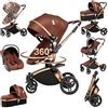 Prokoke Pelle PU Passeggino Trio, Passeggino 3 in 1 con Sedile Regolabile Rotazione 360°, Trio Passeggino Neonati con Design Pieghevole in Un Clic, Trio con Lega di Alluminio a Cornice (906 brown)