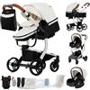 Veitoalioy Pelle PU Passeggino Trio, Trio Neonati con Accessori, Carrozzina per Neonati con Design Portatile Pieghevole Un Clic, Passeggino 3 in 1 con Spinta Reversibile a Due Vie (M518 White)