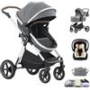 Shineey Passeggino trio,Carrellino per Bebè città 22kg con sedili,Passeggino pieghevole con vista alta,Buggy combinato pneumatici in gomma e vagone per bebè in alluminio (D2DEEPGREY, H2-D)