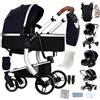 Reenborn Pelle PU Passeggino Trio, Passeggino 3 in 1 con Due Modi Reversibili Spingere, Trio Neonati con Design Pieghevole in Un Clic, Telaio Alluminio Paesaggistico Alto (L518 Silver Blue)