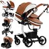 MoLi Pelle PU Passeggino Trio, Passeggino 3 in 1 con Doppia Modalità Push Reversibile, Trio Passeggino Neonati con Grande Navicella, Carrozzina per Neonati in Alluminio Pieghevole (518 Khaki)