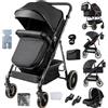 Nine point nine Trio Passeggino Neonati, Passeggino 3 in 1 con Doppia Modalità Spinta Reversibile, Carrozzina per Neonati, Passeggini Trio con Telaio in Alluminio (V8 Black)