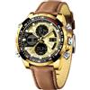 Forrader Orologio da polso da uomo, militare, digitale, analogico, al quarzo, impermeabile, sportivo, multifunzione, in pelle, Cintura/Caffè Dorato