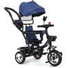 RELOVE Triciclo bambini fino 25 kg, Passeggino con Maniglione regolabile, Bici, Sedile girevole Fronte Mamma e Strada, Cappottina pieghevole, Ruota libera, 4 in 1 (blu scuro)
