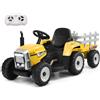 RELAX4LIFE Trattore Elettrico per Bambini 12V con Rimorchio Rimovibile, Telecomandato, 3 Velocità, Luce, Suoni, Musica, Clacson, USB,Portata 30 KG, 3 Anni+ (GIALLO)