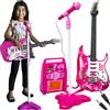 KRUZZEL Set Karaoke per bambine e ragazze set chitarra elettrica - amplificatore - asta regolabile - microfono -cavo AUX i tuoi device preferiti come tablet smartphone e lettori MP3