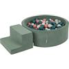 KiddyMoon Area di Gioco in Schiuma con Tondo Piscina di Palline per Bambini Piscina (200 Palline) + Gradini, Verde del Bosco: Turchese Scuro/Beige Pastello/Verde Grigio/Salmone