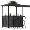 HOMASIS Gazebo per Barbecue con Banco da Bar e 2 Sgabelli, Gazebo Esterno Resistente con Doppio Tetto, Pergolato Resistente alla Pioggia e al Fuoco (Grigio, con tenda laterale, 193 x 117 x 240 cm)