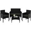 Soberine Set di Mobili per Esterni 4 Pezzi in Rattan PE con Divano 2 Poltrone e 1 Tavolo in Vetro Set di Conservazione per Balcone Giardino Nero/Grigio