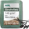 AGRI Plus Tessuto Non Tessuto di Paglia 10,4 x 12,5 m, con 12 Chiodi in plastica, 140 g/m², Tessuto di Protezione in Polipropilene, Telo di Copertura Resistente alle intemperie e ai Raggi UV