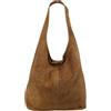 Freyday BT02 - Borsa da donna, in pelle scamosciata, borsetta a tracolla dall'effetto metallizzato, cognac, Grande