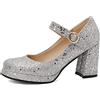 Lroey Reoly Scarpe Mary Jane da Donna con Tacco Largo, Pompe al Tallone Alto Punta Rotonda Fibbia Scarpe da Sera con Plateau Paillettes Moda Dancing Boots Oislvr Argento Numero 44 EU