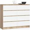 AKORD Cassettiera K-120 con 8 (2x4) Cassetti | Moderna Mobiletto per Soggiorno Sala da Pranzo Camera da Letto Corridoio Bagno | Armadio Cameretta | 120x99x40 cm 65 kg | Rovere Sonoma + Bianco Anteriore